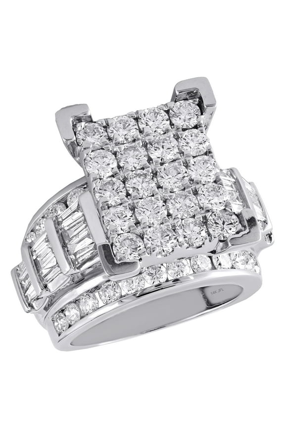 14K White Gold Round & Baguette Diamond Rectangle Cluster Engagement Ring 2 Ct.