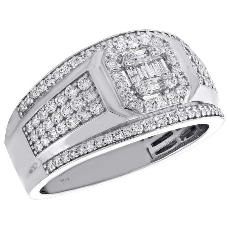 14K White Gold Round Baguette Diamond Statement Pinky Ring 12.50mm Band 1 CT