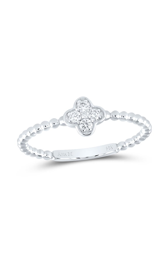14K White Gold Round Cut Diamond Women's Good Luck 4 Leaf Clover Beaded Right Hand Statement Ring 1/10 Ct.
