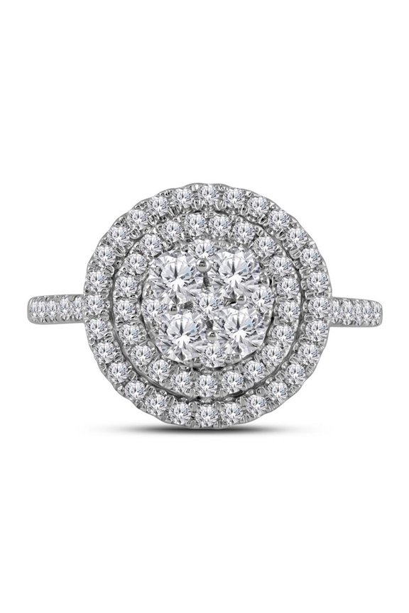 14K White Gold Round Diamond Circle Halo Cluster Ring 1cttw