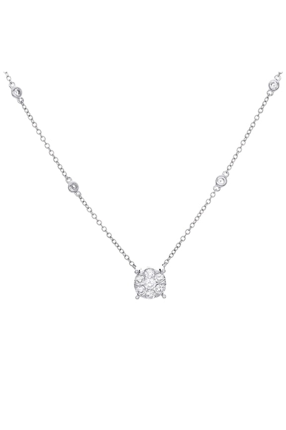 14K White Gold Round Diamond Circle Statement Cluster Neckalce 18" Chain 5/8 CT.