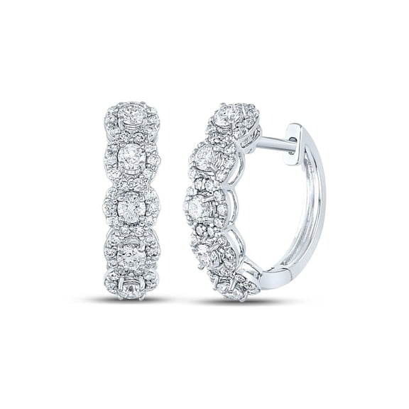 14K White Gold Round Diamond Halo Hoop Earrings 1cttw