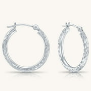 GB JEWELRY & CO. 14K White Gold Round Hoop Earring with Full Engraved Design | 18mm | 2mm Thickness | Great for Women and Girls