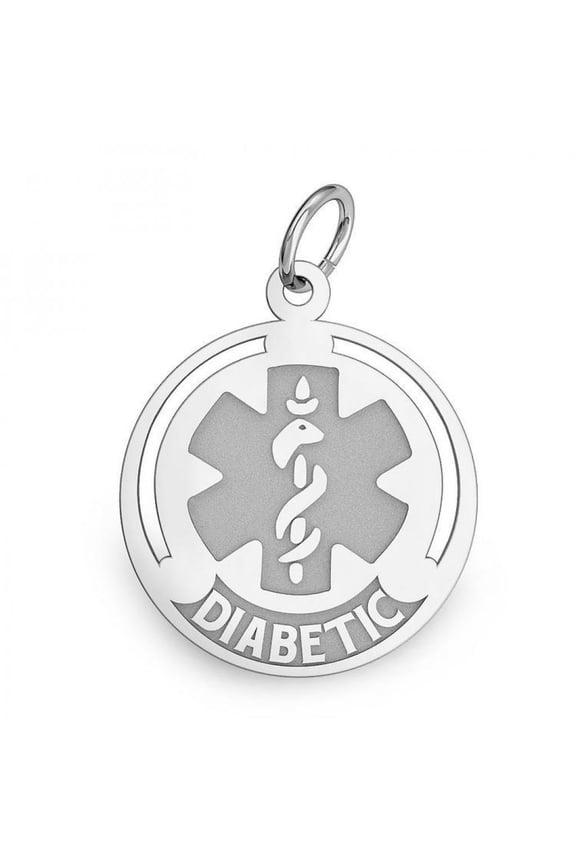 14K White Gold Round Medical "Diabetic" Charm - 1 Inch X 1 Inch