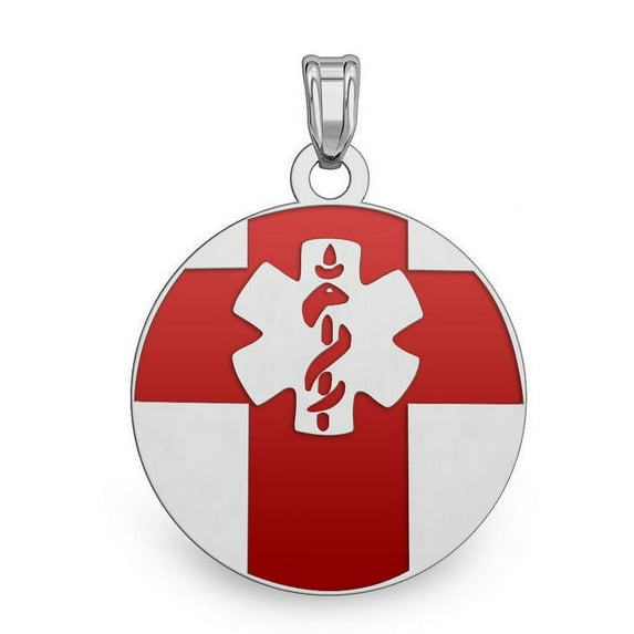 14K White Gold Round Medical Pendant W/ Enamel - 1/2 Inch X 1/2 Inch (very Small)