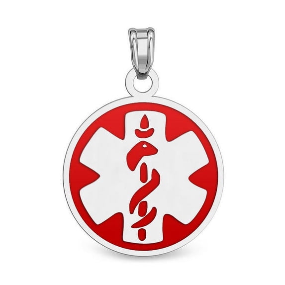 14K White Gold Round Medical Pendant W/ Enamel - 3/4 Inch X 3/4 Inch