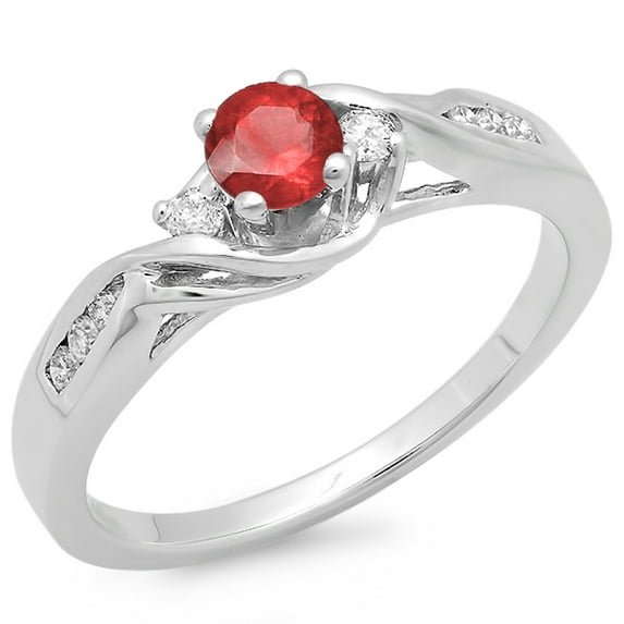 14K White Gold Round Ruby & White Diamond Crossover 3 Stone Bridal Engagement Ring (Size )