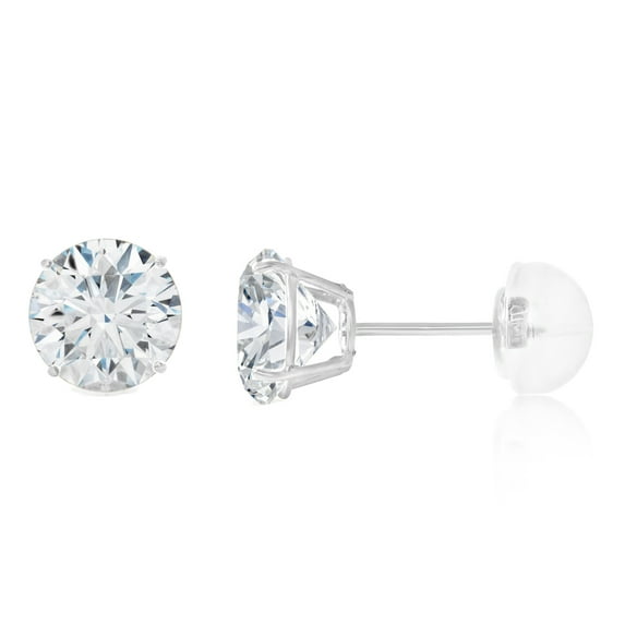 14K White Gold Round Solitaire Cubic Zirconia CZ Stud Push Back Earrings - 0.75ct (6mm)