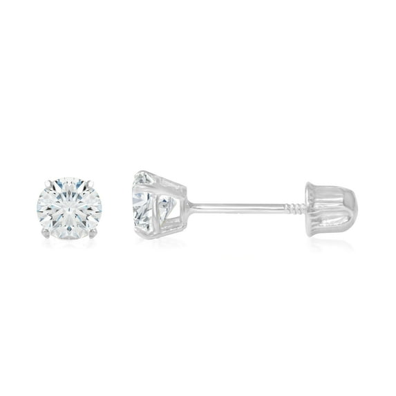 14K White Gold Round Solitaire Cubic Zirconia CZ Stud Screw Back Earrings - 0.25ct (4mm)