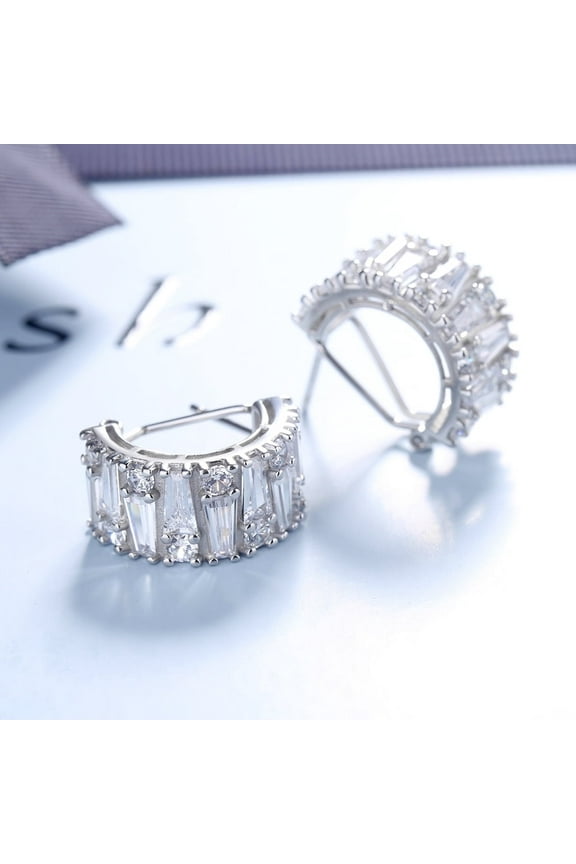 14K White Gold Plated Round and Emerald Huggie Earrings with Genuine Crystals