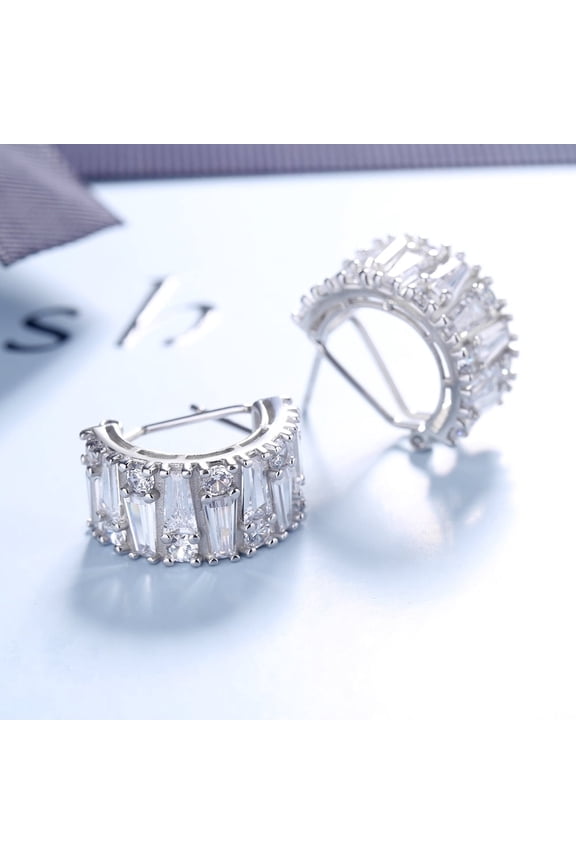 14K White Gold Plated Round and Emerald Huggie Earrings with Genuine Crystals