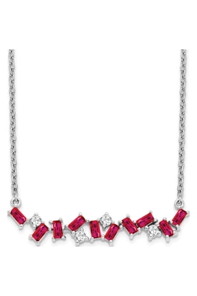 14K White Gold Octagon Ruby and Diamond 18 inch Bar Necklace