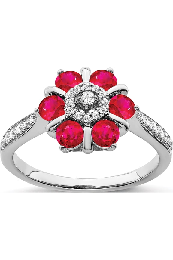 14K White Gold Ruby and Diamond Floral Ring