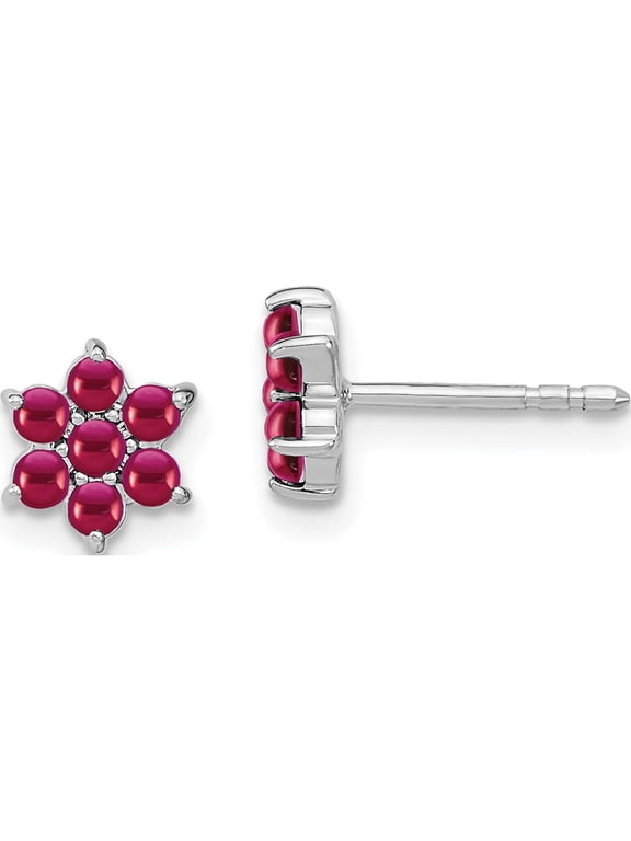 14K White Gold Ruby Cabochon Floral Post Earrings