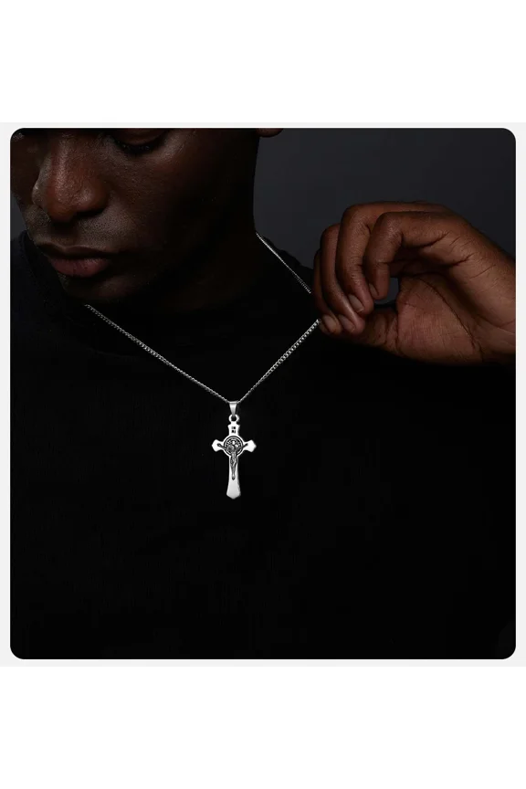 14K White Gold Saint Benedict Cross Necklace, 28*53.5mm Jesus Crucifix Pendant Link Chain, Catholic Religious Gift for Men