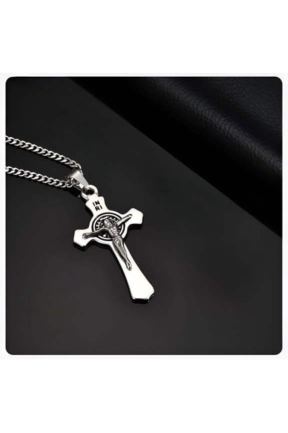 14K White Gold Saint Benedict Cross Necklace, 28*53.5mm Jesus Crucifix Pendant Link Chain, Catholic Religious Gift for Men