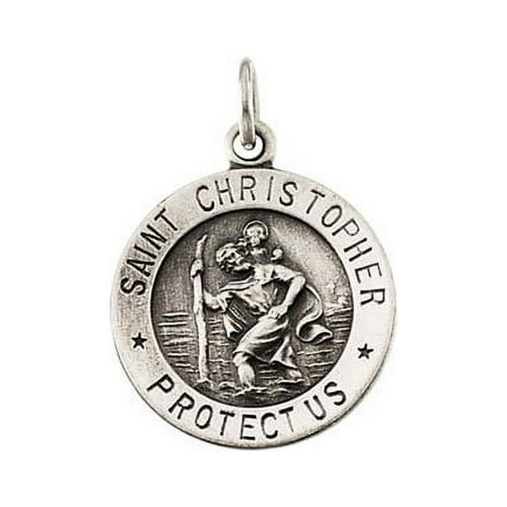 14K White Gold Saint Christopher Religious Medal - Solid 14k White Gold, over 3/4 X over 3/4 (20mm)