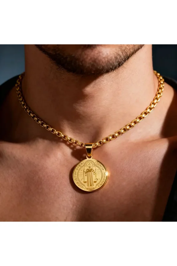 14K White Gold San Benito Medal Pendant Chain Necklace Saint Benedict of Nursia Religious Jewelry Accessories