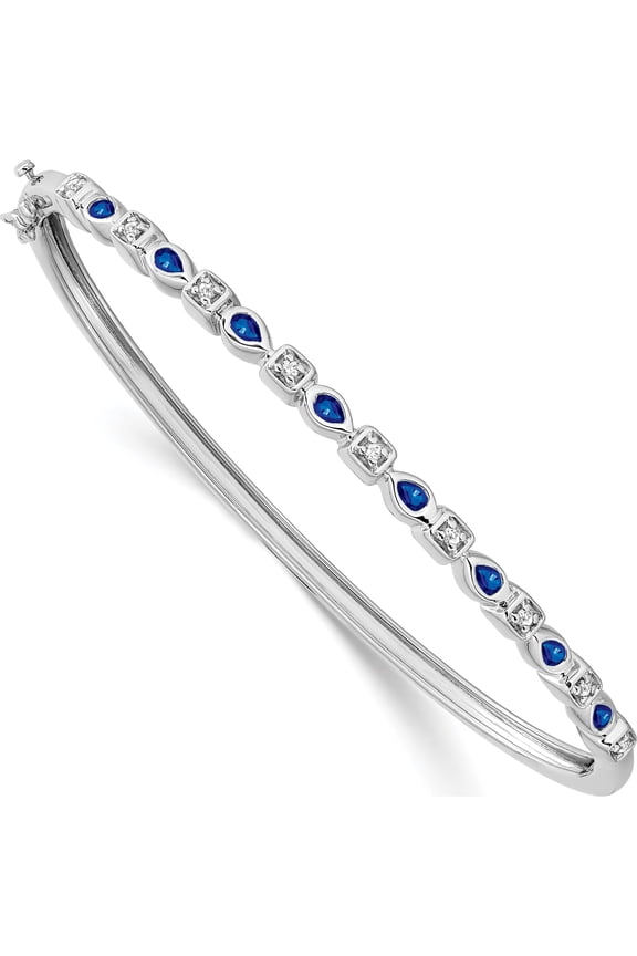 14K White Gold Complete Sapphire and 1/10 carat Diamond Hinged Bangle Bracelet