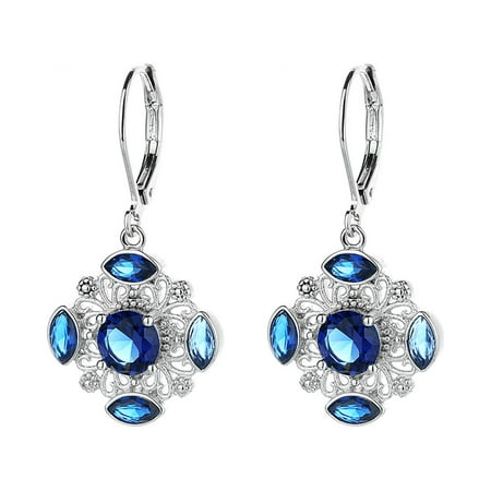 Amy and Annette Luxury Sapphire Drop Earrings in Hypoallergenic 14K White Gold Plating