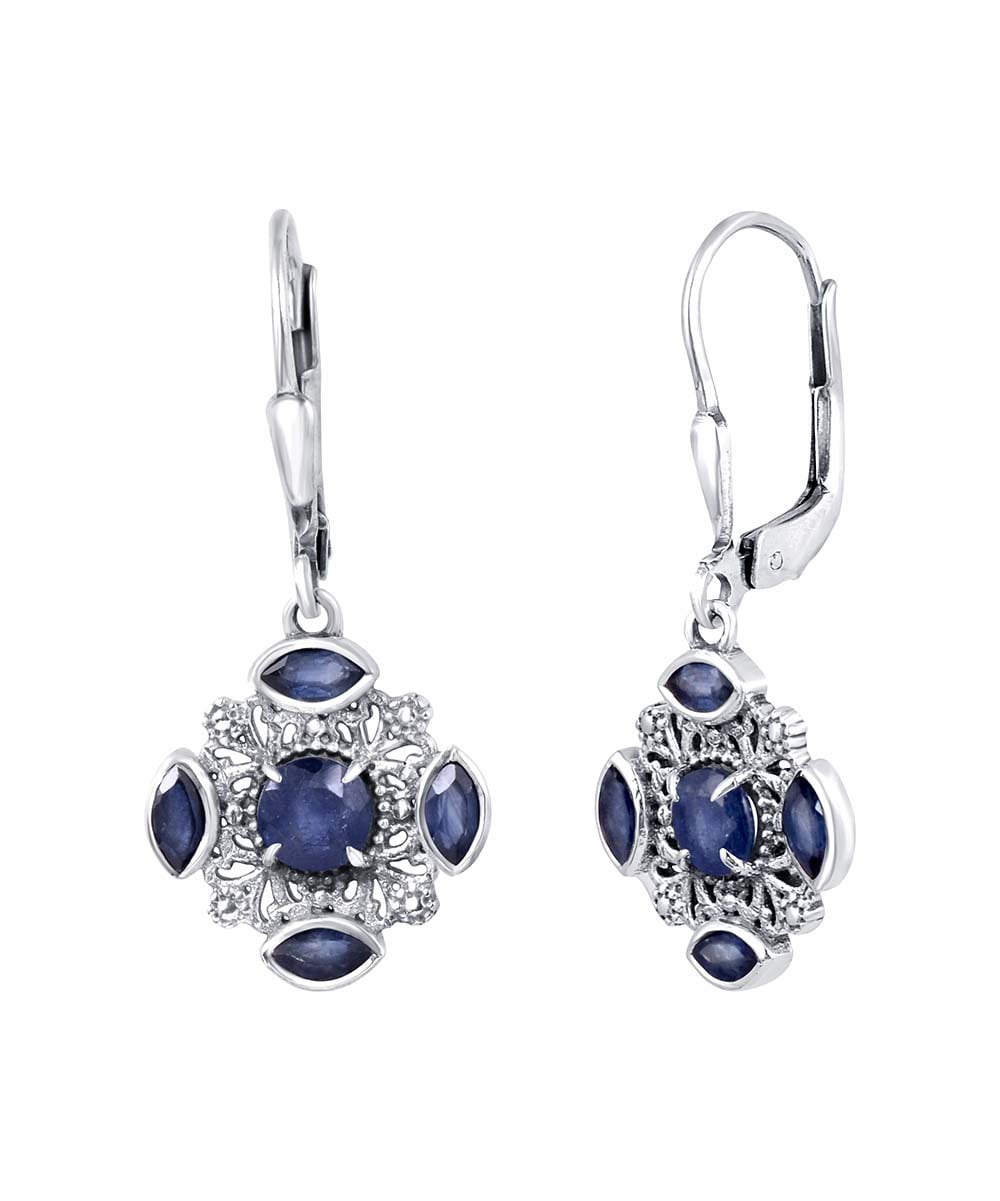 AMY AND ANNETTE Sapphire Openwork Dangle and Drop Earrings in 14K White Gold Plated