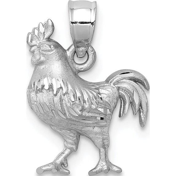 14K White Gold Satin Diamond-Cut Rooster Pendant Made In United States d4593
