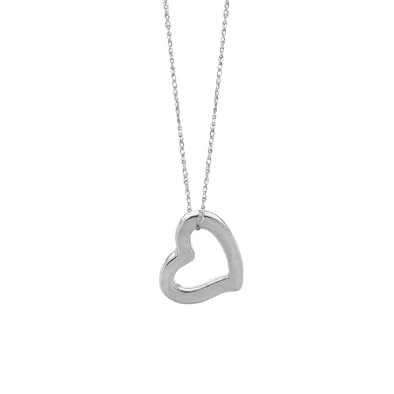 14K White Gold Shiny Cable Link Chain 18" with Spring Ring Clasp and Open Heart Pendant