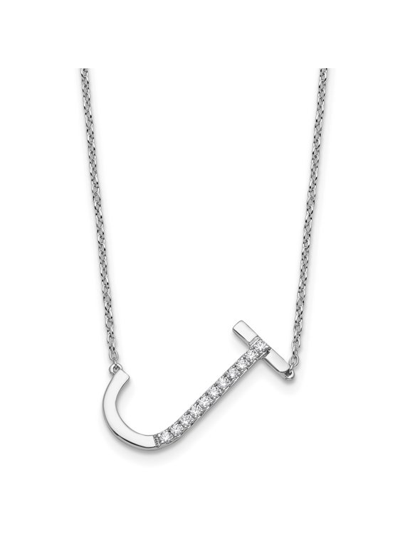 14K White Gold Sideways Diamond Initial J 18 inch Necklace