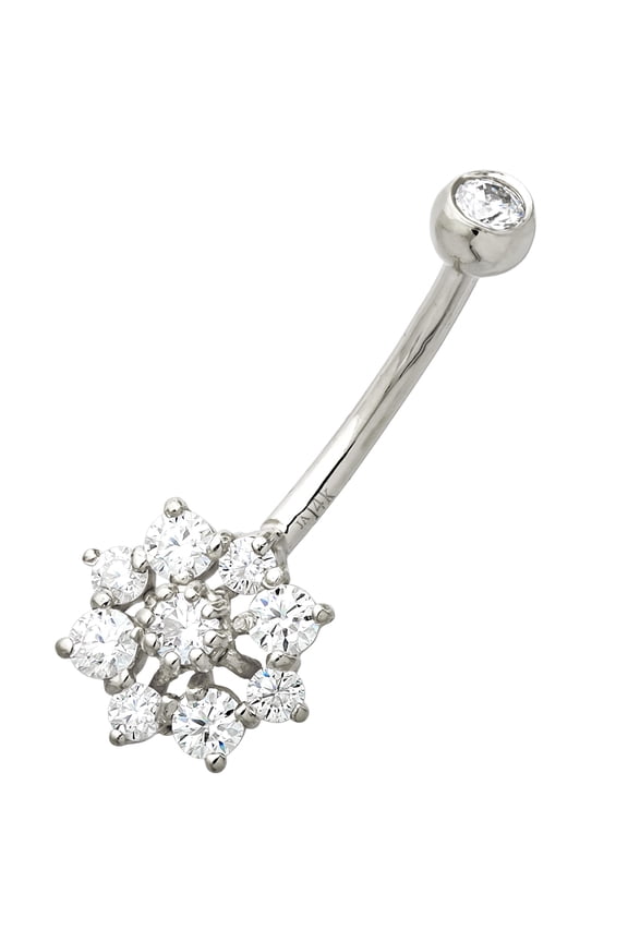 14K White Gold Snowflake Belly Button Ring with 0.55 cttw VVSI Moissanite Gemstones, 14G Banana Barbell, 9/16" 14mm Barbell Navel Piercing Jewelry 14KBR018WG