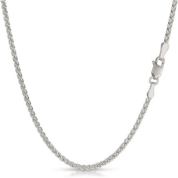 14K White Gold Solid Wheat 2mm Chain, FREE Microfiber Cloth, Round Braided Spiga Link Mens Womens Necklace, Giorgio Bergamo 16