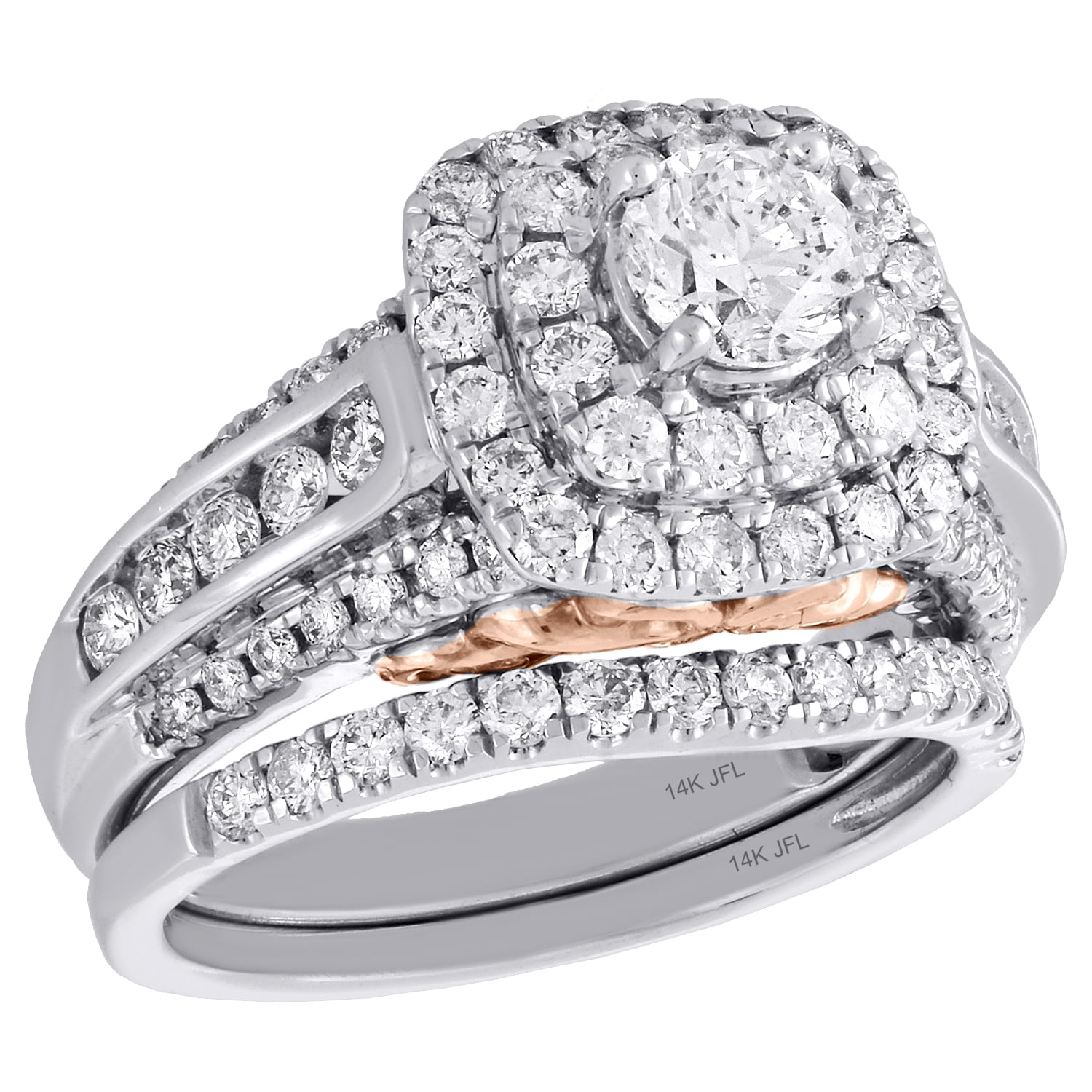 14K White Gold Solitaire Diamond Bridal Set Engagement Ring + Wedding ...