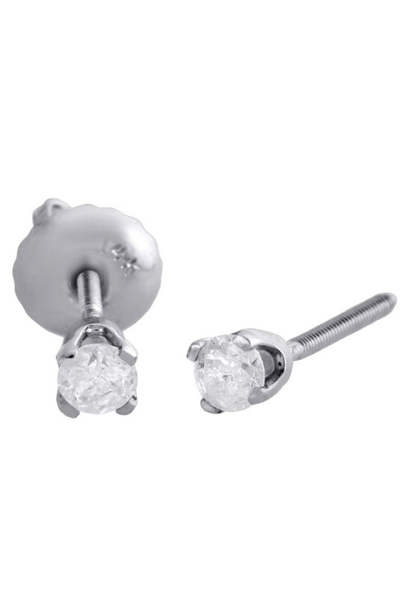 14K White Gold Solitaire Round Diamond Studs 2.75mm Screw Back Earrings 0.17 Ct.