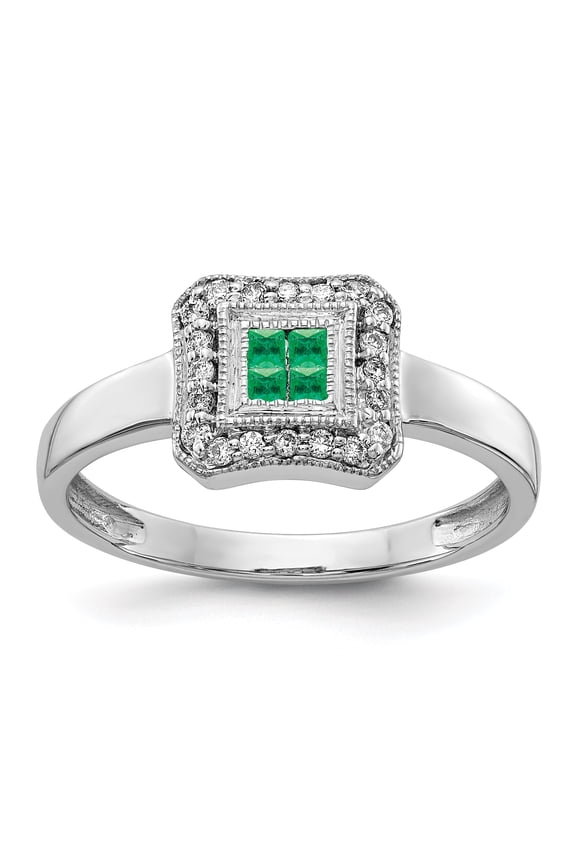 14K White Gold Square Design Emerald & Diamond Ring Size 7
