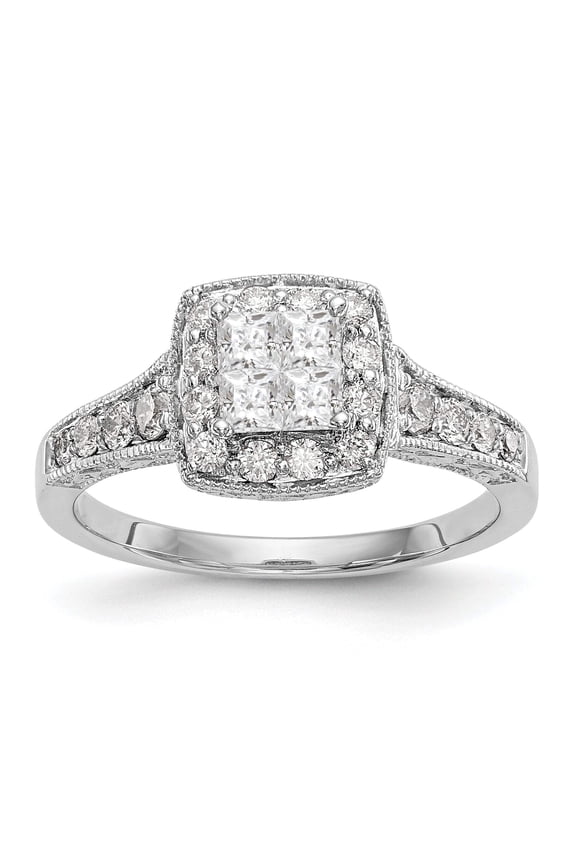 14K White Gold Square Halo Cluster 3/4 carat Princess/Round Diamond Complete Engagement Ring