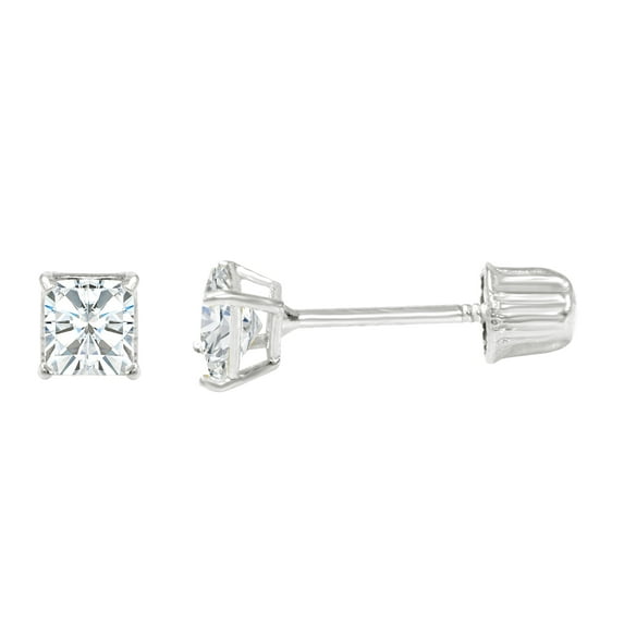 14K White Gold Square Solitaire Princess Cut Cubic Zirconia CZ Stud Screw Back Earrings - 0.25ct (3mm)