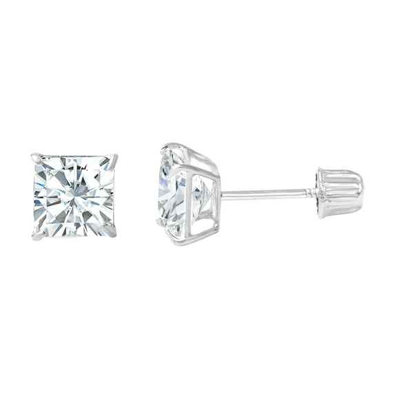 14K White Gold Square Solitaire Princess Cut Cubic Zirconia CZ Stud Screw Back Earrings - 0.75ct (5mm)