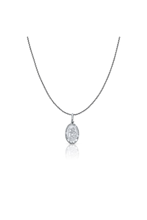 14K White Gold St. Christopher Protect Us Charm Pendant with 0.9mm Wheat Chain Necklace - 20"
