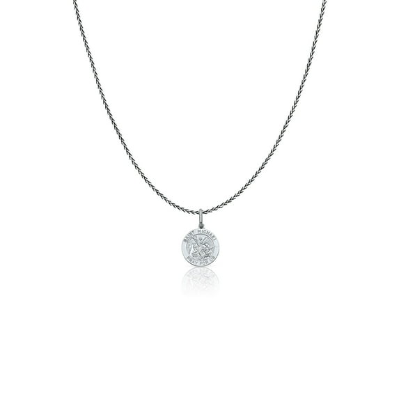 14K White Gold St. Michael Pray For Us Charm Pendant with 0.9mm Wheat Chain Necklace - 18"
