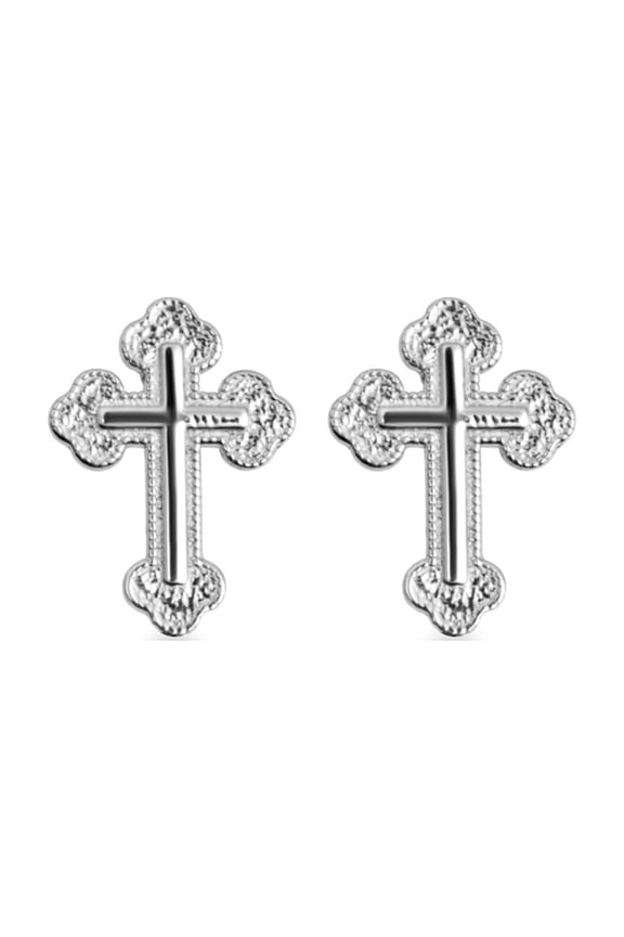 14K White Gold Textured Sacred Cross Stud Earrings