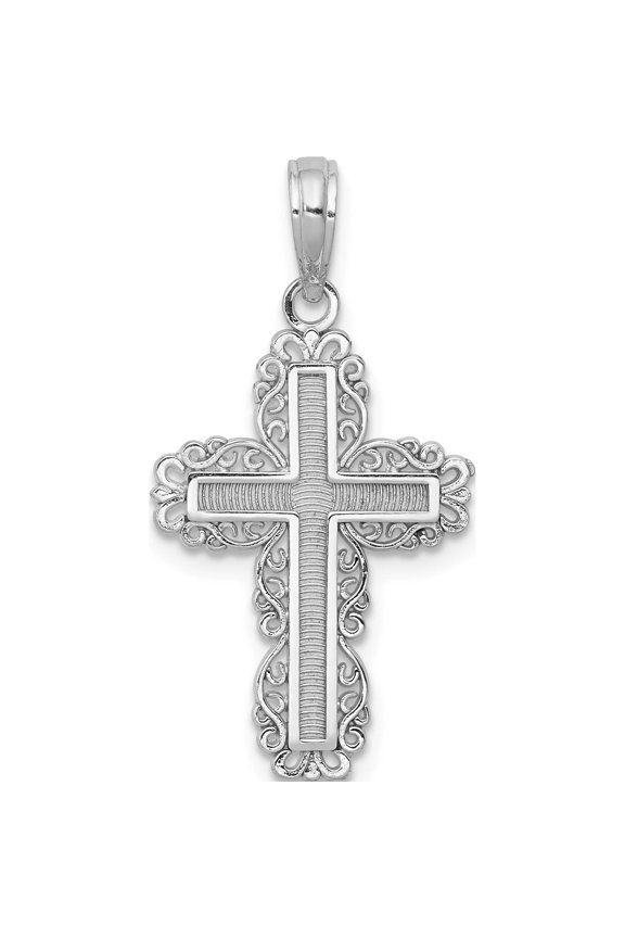 14K White Gold Textured with Lace Trim Cross Charm