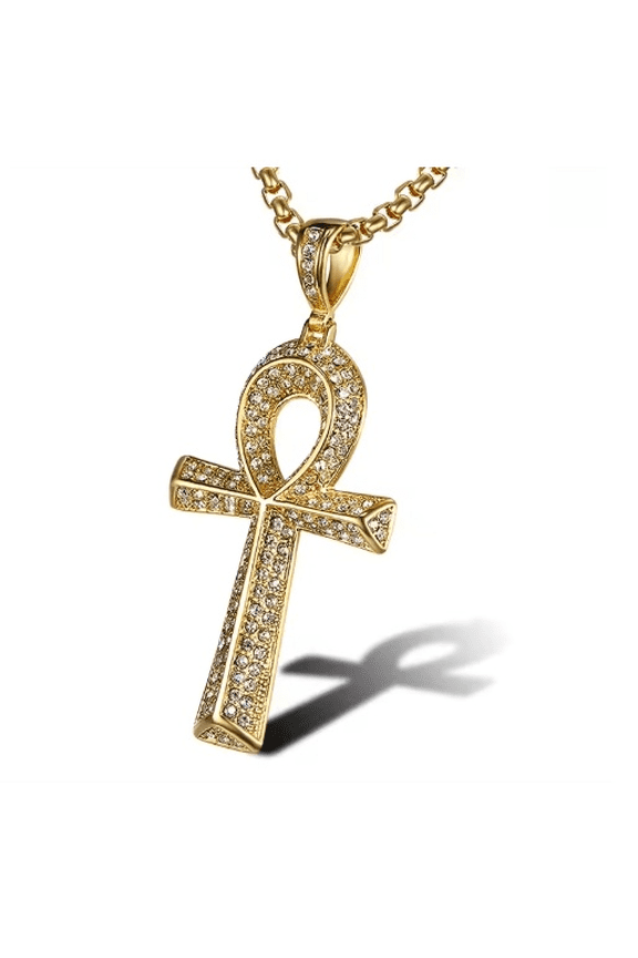 14K White Gold Titanium Egyptian Ankh Key Hip Hop Pendant Collar Chain Necklace for Women Men Couple Friends Gift Jewel