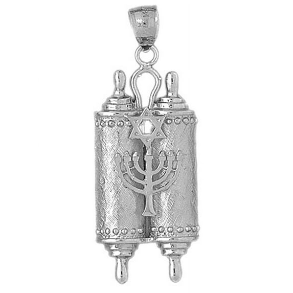 14K White Gold Torah Scroll with Star & Menorah Pendant - 51 mm