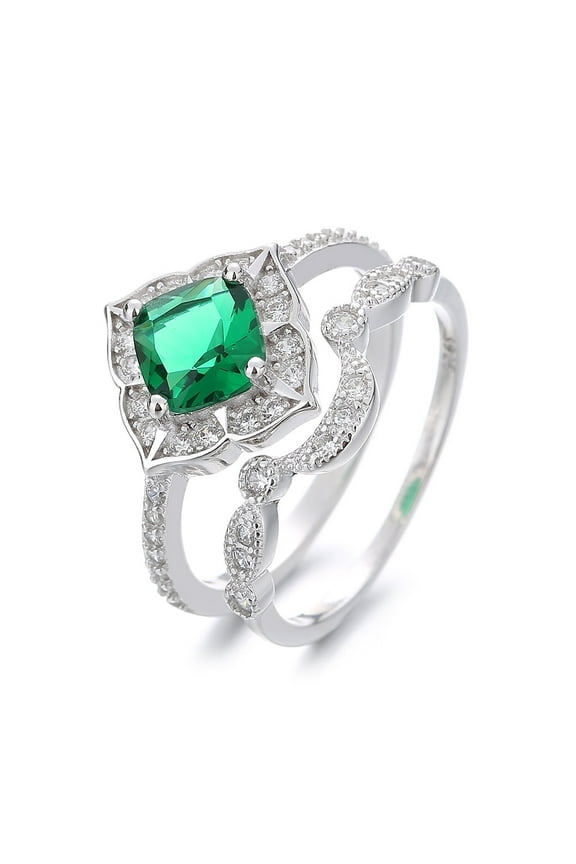 14K White Gold Plated Two Piece Emerald Stacking Ring Set