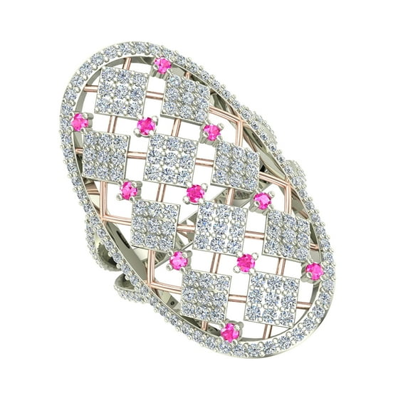 14K White Gold Two-Tone Oval Shape Pink Sapphire and Diamond V Shank Cocktail Ring 1.40 CTW (G,I1)