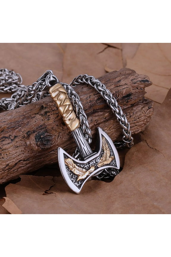 14K White Gold Vikings Axe Necklace Mixed Gold Color Odin Raven Pendant Men's Personality Rune Amulet Gift for Boyfriend