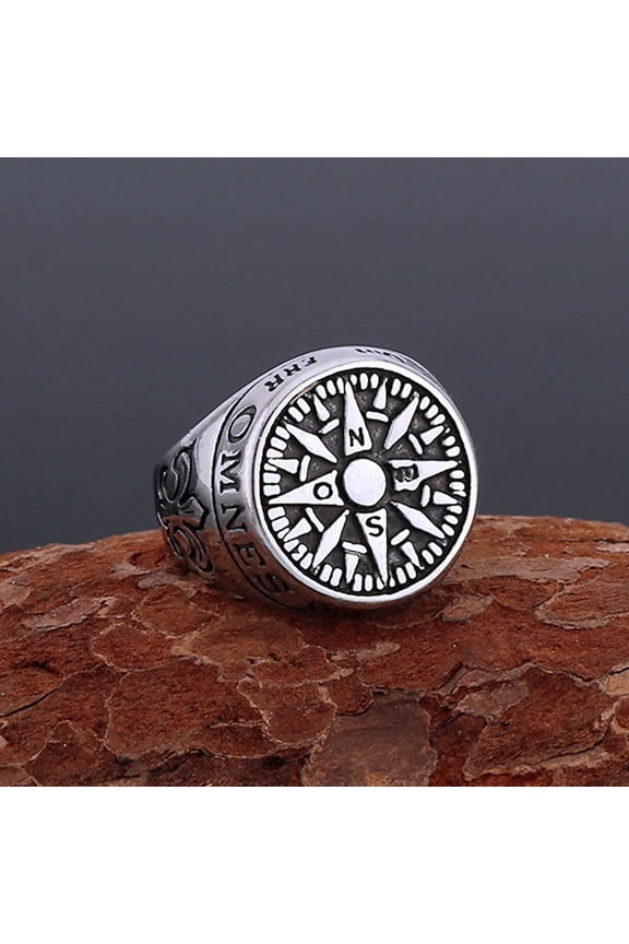 14K White Gold Vikings Compass Iris Flower Ring Men Women Fashion Handmade Quality Finger Jewelry Gift for Boyfriend