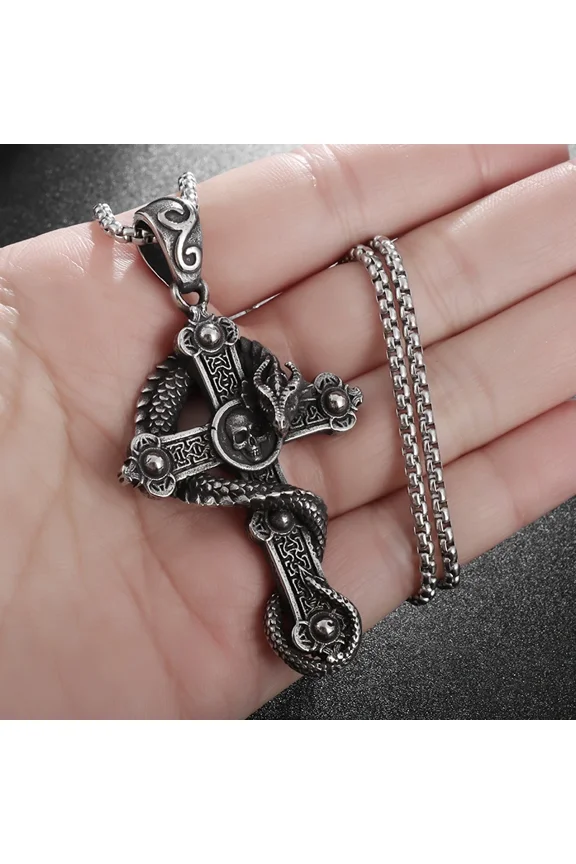 14K White Gold Vintage Punk Dragon Wrap Cross Pendant Necklace for Men Personality Domineering Daily Ride Wear Jewelry Gift