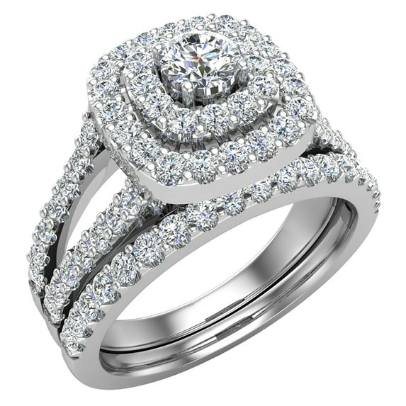 14K White Gold Wedding Rings Set Diamond Bridal Sets Cushion Halo Style 1.10 CTW (G,SI)