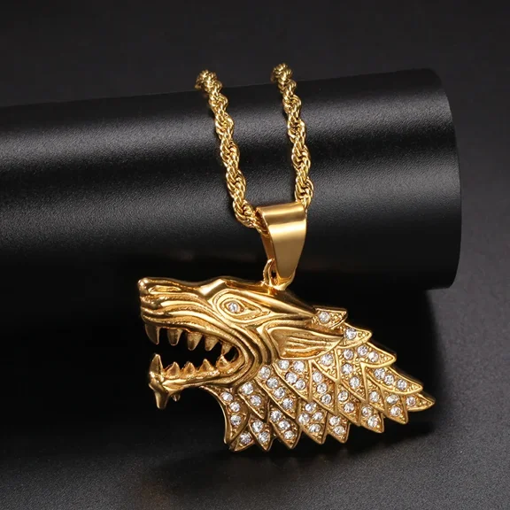 14K White Gold Wolf Pendants Necklace for Men Rhinestones Paved Bling Ice Out Ice Wolf Necklace Hip Hop Rapper Jewelry