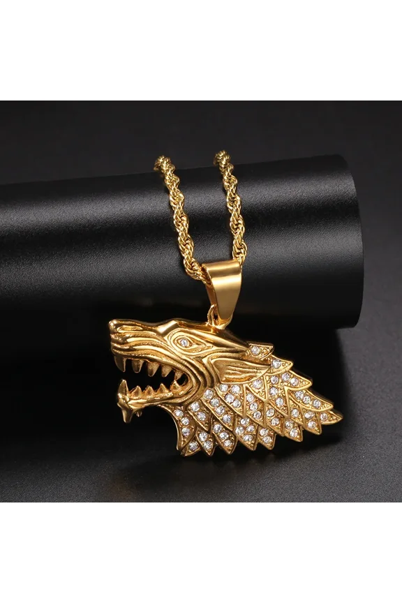 HipHop RapperStyle Ice Wolf Statement Pendant Necklace for Men, 14K Gold Filled RhinestonePaved Bling Motif, Bold UrbanInspired Fashion Jewelry